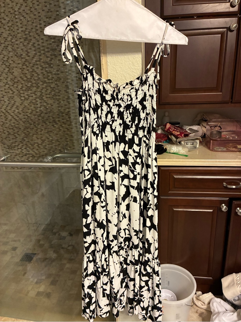 kate spade Black and White Floral Smocked Midi Sundress
